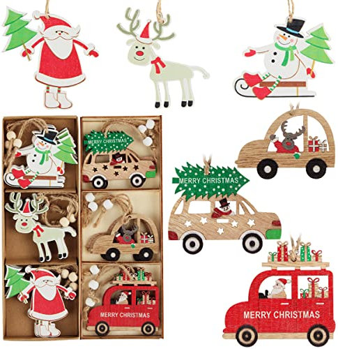 Colgante Navideño de Madera, FainFun 18 Piezas Adornos de Madera de Colgantes con Cuerda para Árbol de Navidad, Decoraciones para Árboles de Navidad de Madera, Coche, Papá Noel, Reno, Muñeco de Nieve