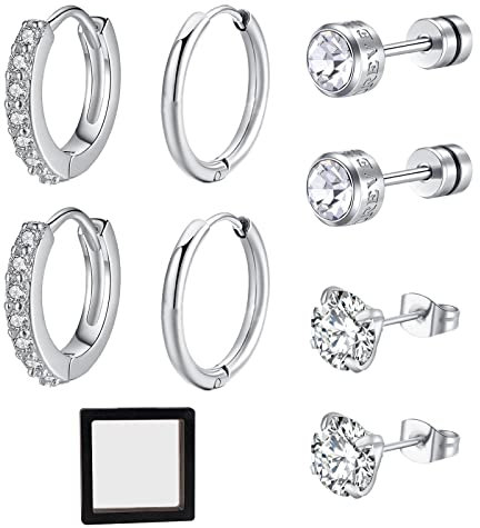 Ohrringe Silber 925 9 Stück Set Mit 2 Paar Creolen und 2 Paar Ohrstecker Mit Kristall in Sterling Silber, 1 Schmuck Lagerung Box für Damen Herren