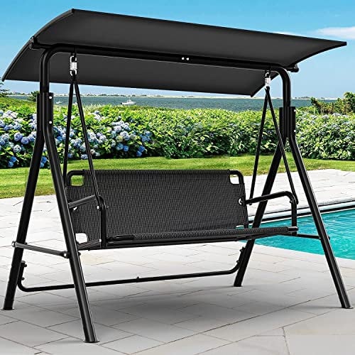 YITAHOME Silla de Columpio de 3 plazas, Silla de jardín con toldo Ajustable, para Patio, Piscina, Porche, Carga de 270 kg, 173 x 106 x 156 cm, Color Negro