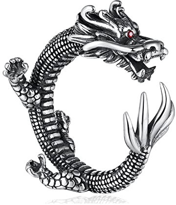 Whoiy Fedine Argento Regolabili, Anelli Argento 925 Semplici Anello Drago Cinese con Occhi Rossi Anelli Vintage da Uomo