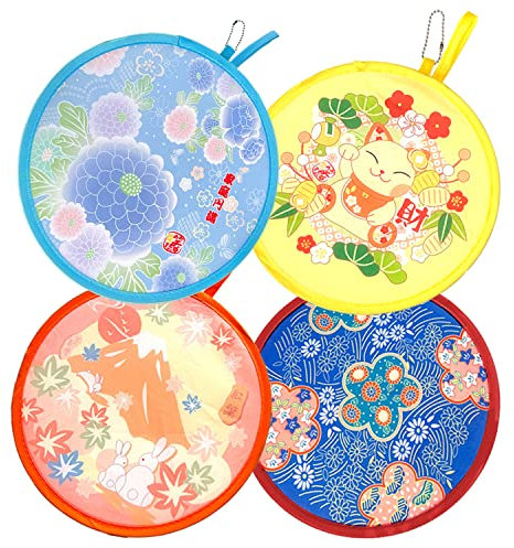 LTCT Foldable Fan Summer Handheld Fan Round Folding Hand Fan for Personal Daily Use, Decoration, Wedding, Party Decor, Dancing, Performance 4 Different Patterns