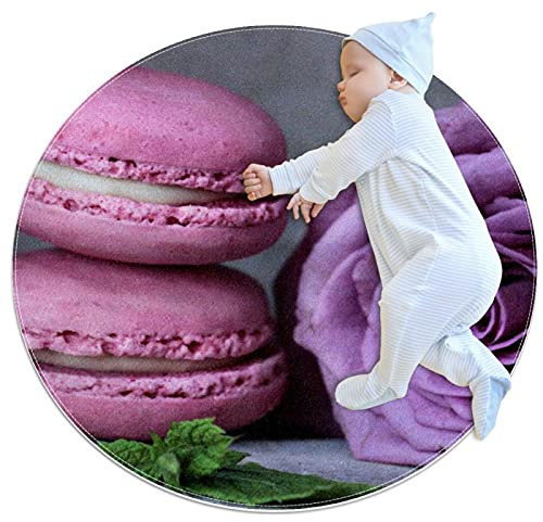 VBFOFBV Runder weicher Teppich für Kinder Baby Mädchen Teenager Zimmer Kreis Kinderzimmer Teppich für Schlafzimmer Wohnzimmer Wohnkultur,Lila Rosen Blumen Macaron Muster
