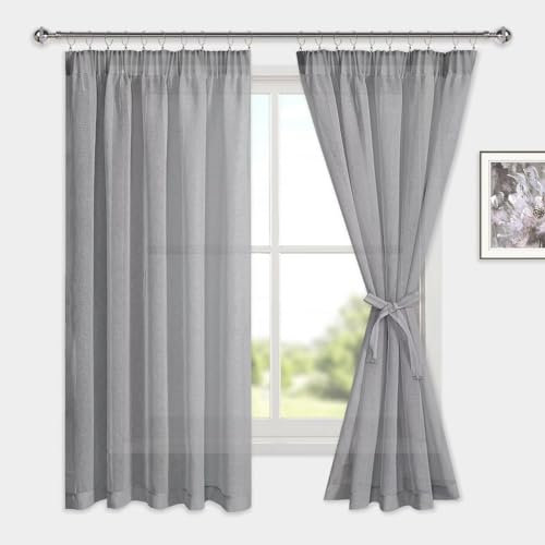 DWCN Voile Vorhänge mit Kräuselband Leinenoptik 2 Stücke Halbtransparent Vorhänge für Wohnzimmer,Durchsichtige Gardinen,Grau,175x140cm (Höhe x Breite)