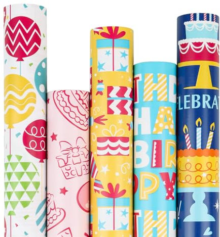 KIMOBER 5 Rollen Geburtstags-Geschenkpapier mit Schnittlinien auf der Rückseite, bunt beschichtetes Papier mit Happy Birthday-Elementen (43,2 x 295,7 cm pro Rolle)