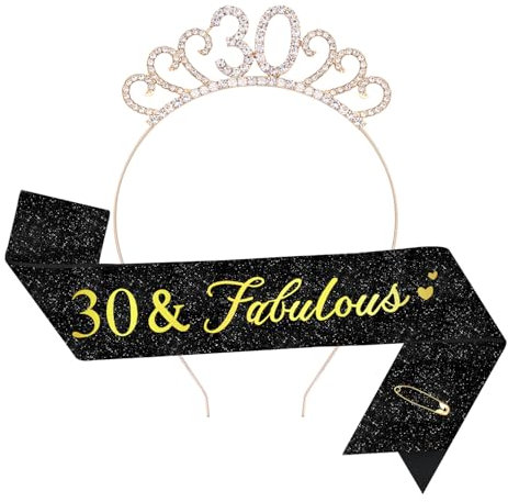 TOPWAYS 18. Geburtstag Mädchen Frauen Deko Schärpe und Tiara Kit, Geburtstag Geschenke Fabulous Sash & Headband Krone Geburtstag für 18 Geburtstag Deko Mädchen Frauen (30 Fabulous, Gold Schwarz)