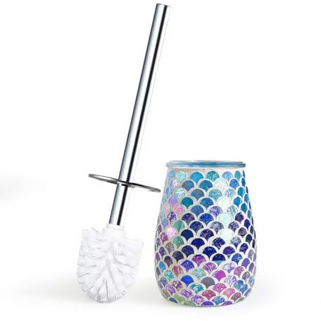 Escenzy Mermaid Bathroom Toilet Brush and Holder Set Mosaic Glass | Non-Rustic Stainless Steel | Practical & Decorative Toilet Bowl Brush and Holder | Luxury Mermaid Bathroom Decor