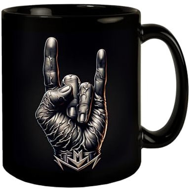 Heavy Metal Zeichen Tasse schwarz in Schwarz Rock-Horn Geste für Musikfans Heavy Metal Tasse schwarz Handzeichen Tasse schwarz mit Fingern Symbolik ideal Mano cornuta sign of