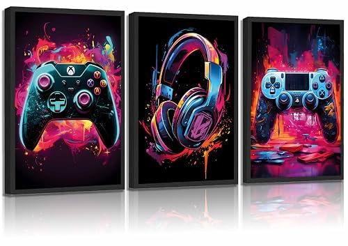3Pcs Cool Gaming Wall Art Retro Video Game watercolor Posters Pictures Colorful Neon Gamepad Canvas Painting Prints for Boys Room Kids Game Room Accessories Bedroom Home Decoration Unframed