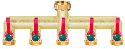 iBamso Splitter per tubo da giardino in ottone massiccio, splitter per rubinetto dell'acqua a 5 vie da 3/4 di pollice con valvole on/off e maniglia estesa, raccordo per rubinetto da giardino,