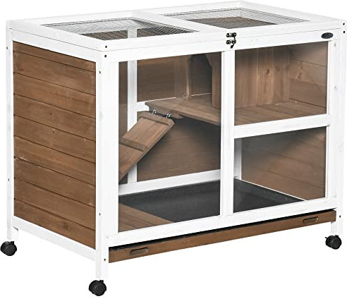 PawHut Cage à Lapin clapier sur roulettes Petit enclos Animaux en Bois Massif 2 étages Toit ouvrant Plates-Formes 91,5 x 53,3 x 73 cm Marron