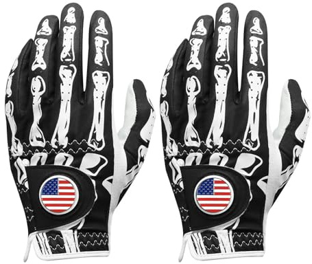 FINGER TEN Golf Gloves Men Right Handed Golfer Left Hand with Ball Marker 2 Pack Leather Breathable Comfortable Weathersof Grip Size Small Medium ML Large XL (Black&Bones, Large(Worn on Left Hand))