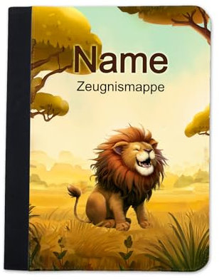 Zeugnismappe mit Namen | Zeugnismappe personalisiert | mit Klarsichthüllen A4 + | Urkundenmappe | personalisierte Dokumentenmappe mit Platz für U-Heft, Impfpass, Schwimmpass, Fahrradpass (Löwe)
