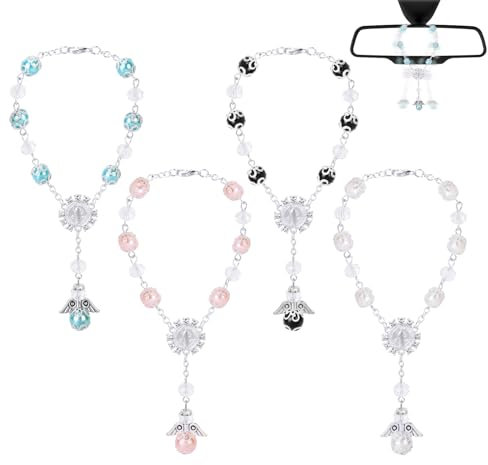 4 Stück Auto Anhänger Swinging Car Accessories,Taufe Rosenkranz-Perlen Katholisch Auto Rückspiegel Innen Dekoration Hänge Ornament Armbänder Spiegel Charms Zubehör Kreuz-Autospiegel Hängende Zubehör