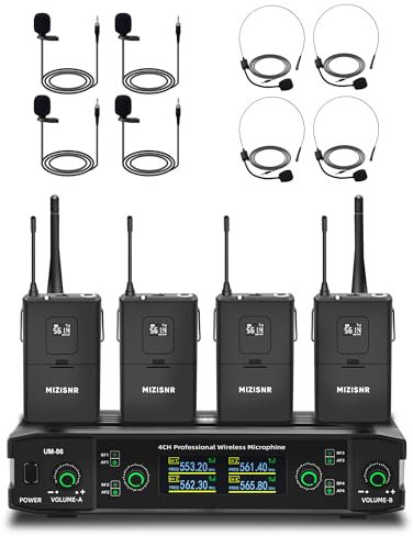 MIZISNR Wireless Lavalier Microphone System, Wireless Headset Mic Set Cordless Microphones for Singing, Karaoke, Church, DJ (4 Bodypack