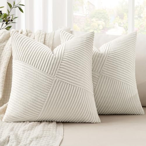 MIULEE Kissenbezug 45x45 Creme Kordsamt 2er Set Kissenbezüge Zierkissenbezug Kissenhülle Sofakissen Dekokissen Streifen Muster Patchwork Design für Wohnzimmer