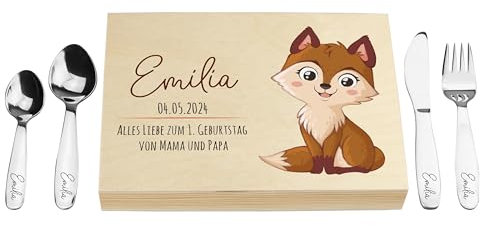 LAUBLUST Kinderbesteck mit Namensgravur - Fuchs Motiv UV-Druck & Geschenkbox natur | Besteck mit Namen - Geschenk zur Taufe für Kinder - Taufgeschenke für Jungen, Mädchen | Edelstahl - Holzkiste