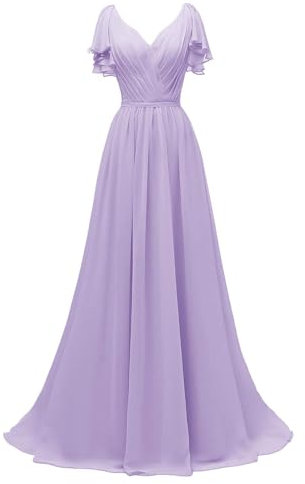 Generisch Vestido largo de gasa para dama de honor, cuello en V, formal, boda, fiesta, Color lila., 52