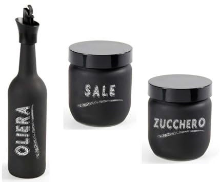 Utilissimi EDITACASA - Set Continitori - Tris Barattoli - sale e zucchero 425ml + Oliera 750ml in vetro satinato nero ORGANIZER cucina