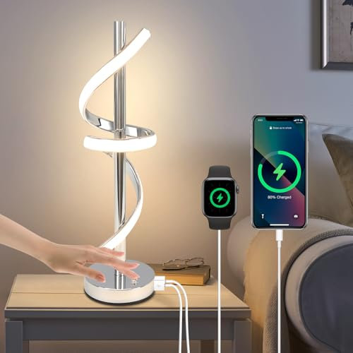 EIDEARAY Spiral LED Table Lamp, Modern Bedside Lamp, 18W Dimmable Touch Control Silver Table Lamp with 3 Color(3000K/4500K/6000K) and USB Port for Bedrooms, Living Rooms,Study