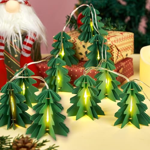 SUNBEAUTY 10 Stück Tischdeko Weihnachten Grün Papier Weihnachtsbaum mit Beleuchtet Batterie Papier Waben Papierbäume Weihnachtsdeko Innen Wiederverwendbar Christmas Deko