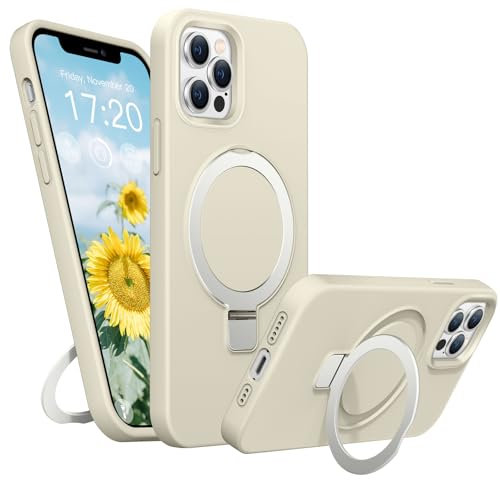 BENTIACC Liquid Silicone Case for iPhone 12 pro max, Magnetic Rugged Stand Ring, 4-Layer Shockproof Protective Case, Soft Microfibre Lining Scratch Resistant Protective Case for 12 promax (White)