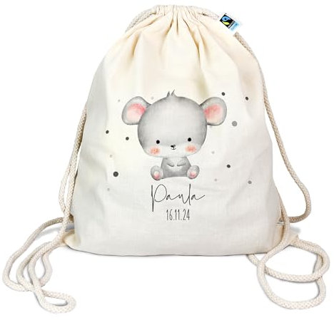 verschenkich | Turnbeutel aus Bio-Baumwolle | Motiv Tierkinder | mit Wunschname personalisiert | Sportbeutel | Wäschebeutel | Rucksack für Kinder mit Name und Datum (Tierkind | Maus)