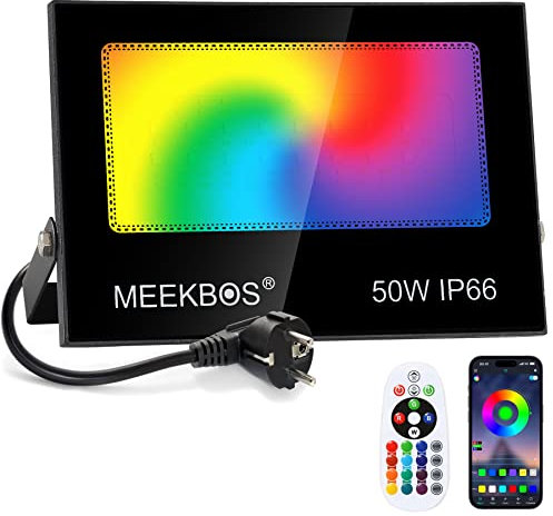 MEEKBOS Foco LED RGB Exterior 50W, Control por APP Bluetooth y Mando a Distancia, IP66 Impermeable, 5000LM Regulable, para Jardín, Fiestas, Pascua y Halloween