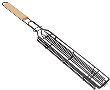 Kabob Grillkörbe, abschließbarer Kebab-Grillrost aus Eisen mit Holzgriff zum Grillen von Gemüse, Hot-Dog-Fleisch (Wire + Beech)