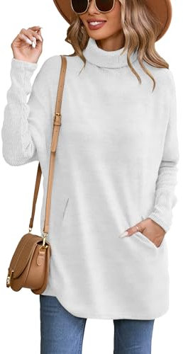 Famulily High Neck Long Sleeve White Jumpers for Ladies, Longline Sweaters Rib Knitted Pullover Tunic Tops (XL, White)
