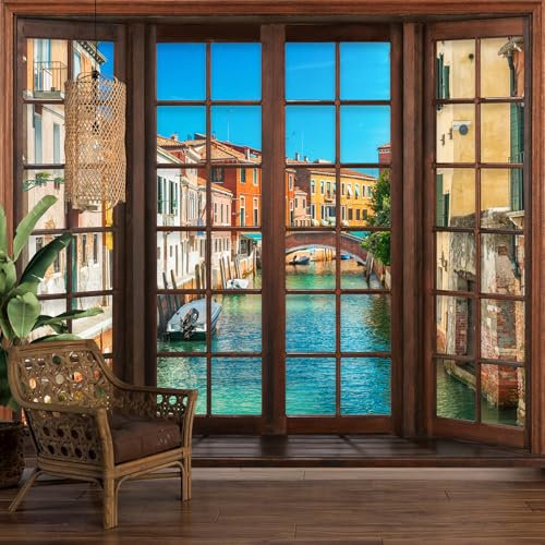 Papier peint panoramique Trompe l'œil Fenêtre en bois - Venise 3617680528136 - Largeur 130 cm x Hauteur 104 cm