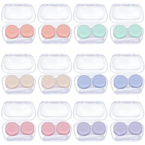 12 Pack Contact Lens Cases, Portable Contact Lens Case with 6 Colors, Mini Eyes Contact Lens Container,Left/Right Eyes Contact Lens Box with Tweezers Wearing Stick for Contact Lens Removal Store