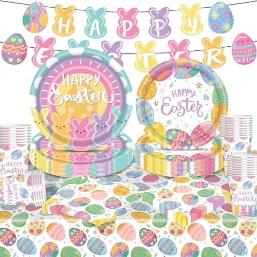 Crusward Stoviglie per Feste Pasqua, Set Piatti per Pasqua con Piatti Carta Pasqua Tovaglioli Pasquali Tovaglia Bicchieri di Carta Pasqua Decorazioni Pasquali per la Tavola (A)