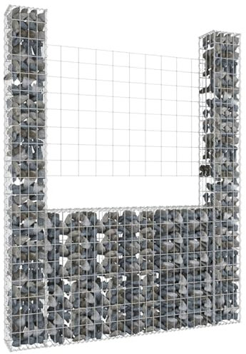 Gabionenkorb U-Form mit 2 Säulen, Xichuzi Gabionen Zaun, Steinkorb Gabione, Gabionenwand, Gabionen Pflanzkübel, Gabionen-hochbeet, Eisen 140x20x200 cm