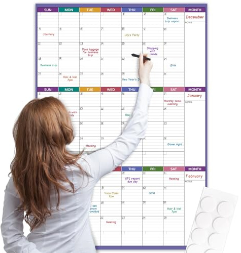 Großer, trocken abwischbarer Kalender für die Wand – undatierter 3-Monatskalender, 71,1 x 101,6 cm, perfekt für Zuhause, Büro und Schule