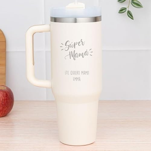 Wanapix | Taza Térmica XL Personalizada de Doble Capa | Capacidad 1,2 L | Conserva Frío y Calor Horas | Color Blanco | Personaliza mediante Grabado | Mamá