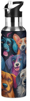 Mexpekil Colorful Dogs 600ml Insulated Water Bottle with Straw Lid Stainless Steel Thermos Bottle Vacuum Flask Leakproof Travel Sports Water Bottles for Running Cycling Hiking