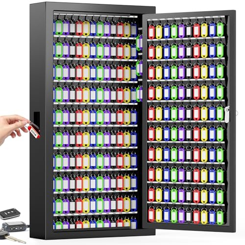 250 Keys Key Lock Box Wall Mount with Additional 24 Side Hooks and Key Tags | Anti-Theft Key Cabinet with Side Drop Slot & Mechanical Lock | Large Key Organizer Box for Home Office Garage Rental Business
