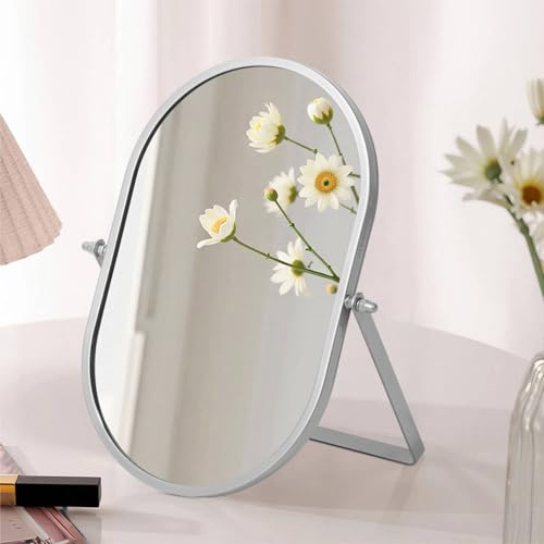 Gosider Dressing Table Mirror Small Oval Vanity Makeup Mirror Silver | Make Up Mirror with Metal Framed, 90° Adjustable Rotation, HD, Portable Desk Mirror, For Bathroom Bedroom Office