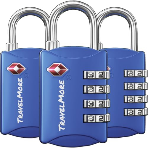 TravelMore TSA Approved Luggage Locks, Travel Padlocks for Suitcases | Durable, Sturdy, Easy Set Up & Use, Weatherproof, 4-Digit Security, for Suitcases, Backpacks, Bags, Zippers, 3-Pack, Blue