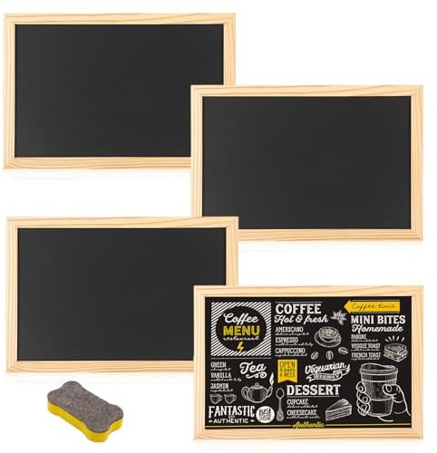 4 Stück Kreidetafel mit Holzrahmen, 30 x 20cm Mini Kreidetafel Memoboard Sets mit 1 Schwammradierer, Beschriften Kreidetafeln aus Holz Kreiden Tafel für Kinder Buffet Hochzeit Party
