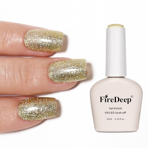 Firedeep Gold Gel Polish Glitter Yellow Gold Hema Free 0.34 OZ Same Color Same Top Cover Reflective Sparkle UV Polish Manicure Art DIY