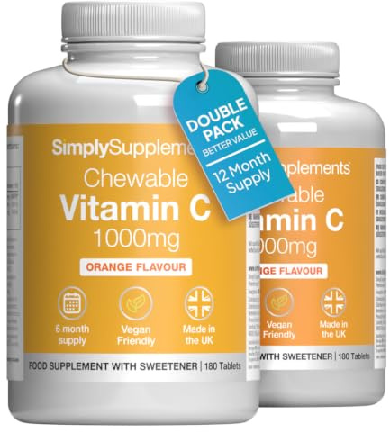 Chewable Vitamin C 1000mg Orange Flavour with B2 | 360 Vegan Tablets | Vitamin C supports immunity and collagen formation for normal skin | with Riboflavin | 12 months’ supply | UK made