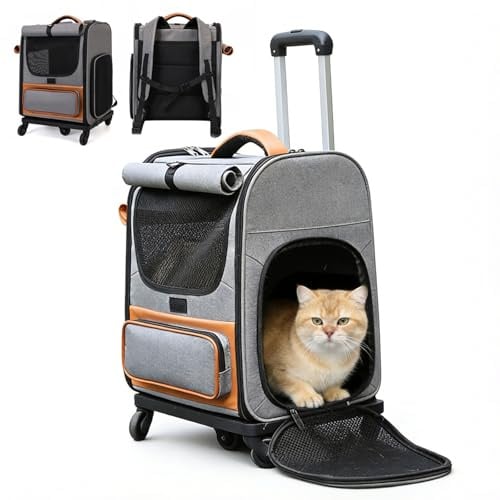 3-in-1 Katzenrucksack mit Rädern, Abnehmbaren Hunderucksack mit Sonnenschutzrollos, Belüftetes Design, Herausnehmbarer Matte, Faltbarer Hundetrolley,Transportbox Katze bis 10 kg