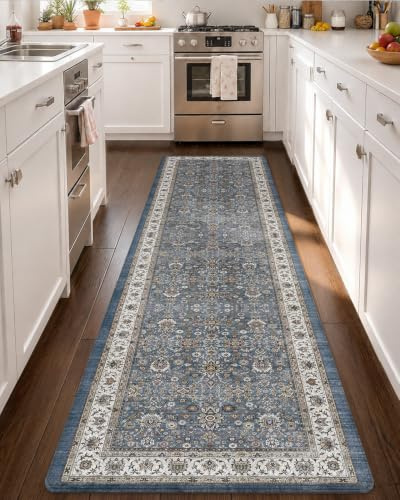Color&Geometry Vintage Alfombra Cocina Antideslizante, 60x220cm, Azul | Extra ancho alfombra larga antifatiga, Superficie de piel impermeable y antimanchas, fácil de limpiar, apta para cocina