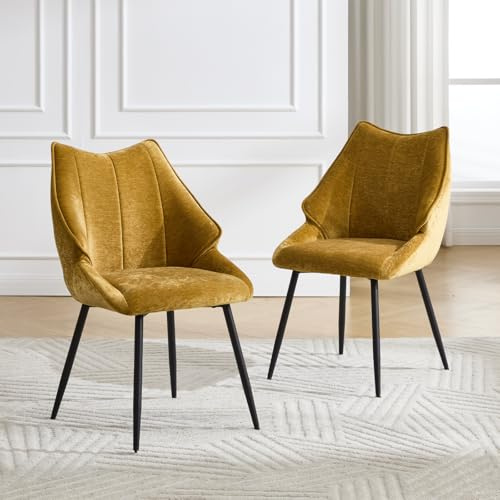 DAYALANE Esszimmerstühle 2er Set, Küchenstuhl aus Chenille, Gelb | Polsterstuhl mit Metallbeinen, Wohnzimmerstuhl, Gepolsterte Akzentstühle für Esszimmer Wohnzimmer