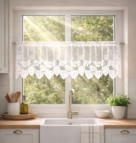 KAMACA Cafehausgardine Jacquard Bistrogardine Weiße Küchengardine Halbtransparent Moderner Kurzstore Scheibengardine für Küche & Bad Lichtdurchlässiger Sichtschutz (HxB 30x200 cm Café Blanc)