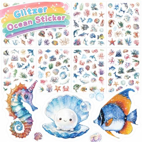 EvanMader 8 Blätter Glitzer Ozean Aufkleber | Funkelnde Unterwasser-Sticker mit Glanz-Effekt, ideal für Tagebücher, Briefe & kreative Dekorationen