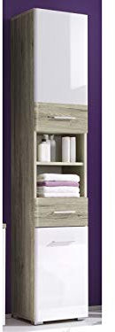 Hochschrank Standschrank Badschrank Seitenschrank Schrank Badmöbel Barnsley I San Remo Eiche/Weiß-Hochglanz