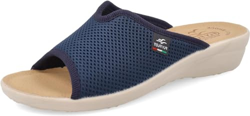 Fly Flot Atella, Damen-Hausschuhe aus elastischem Netzstoff, offen, gepolstertes Fußbett aus Leder, Sandalen für Damen, blau, 41 EU