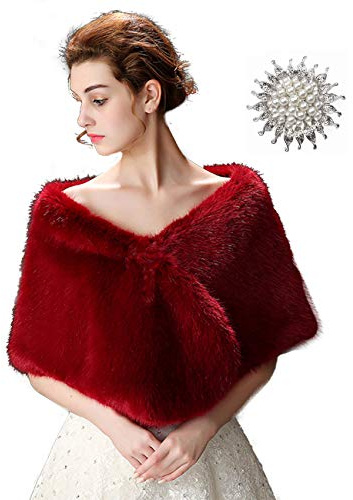 Anglacesmade Bridal Faux Fur Wrap Wedding Fur Stole with Brooch Evening Party Warm Shrug Cape